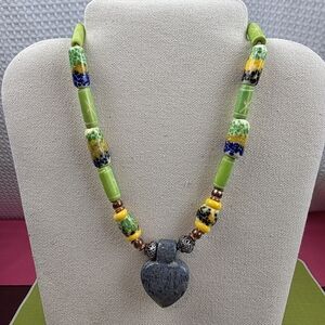African Krobo or Trade Beads with Blue Coral Heart Pendant